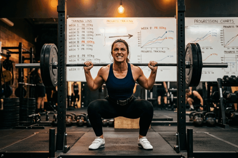 Atleta donna che esegue un barbell squat in una palestra moderna durante un allenamento di personal training focalizzato sul superamento dei propri limiti.